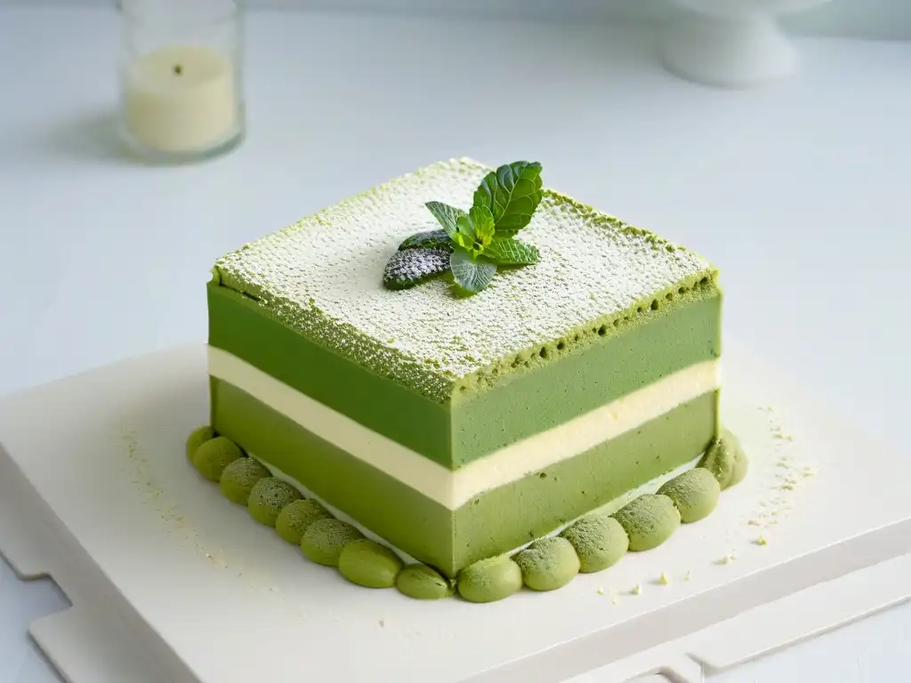 Un exquisito Tiramisú de Matcha receta gourmet, con capas de bizcocho matcha y mascarpone, decorado con hoja de menta fresca