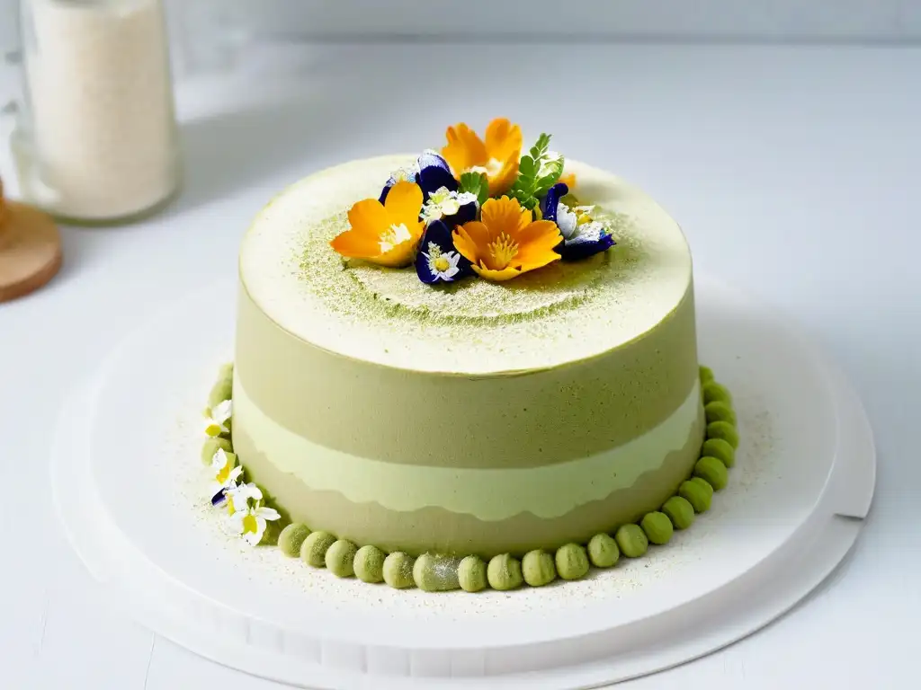 Un exquisito tiramisú de matcha receta gourmet, decorado con flores comestibles y polvo de matcha, en un elegante plato moderno