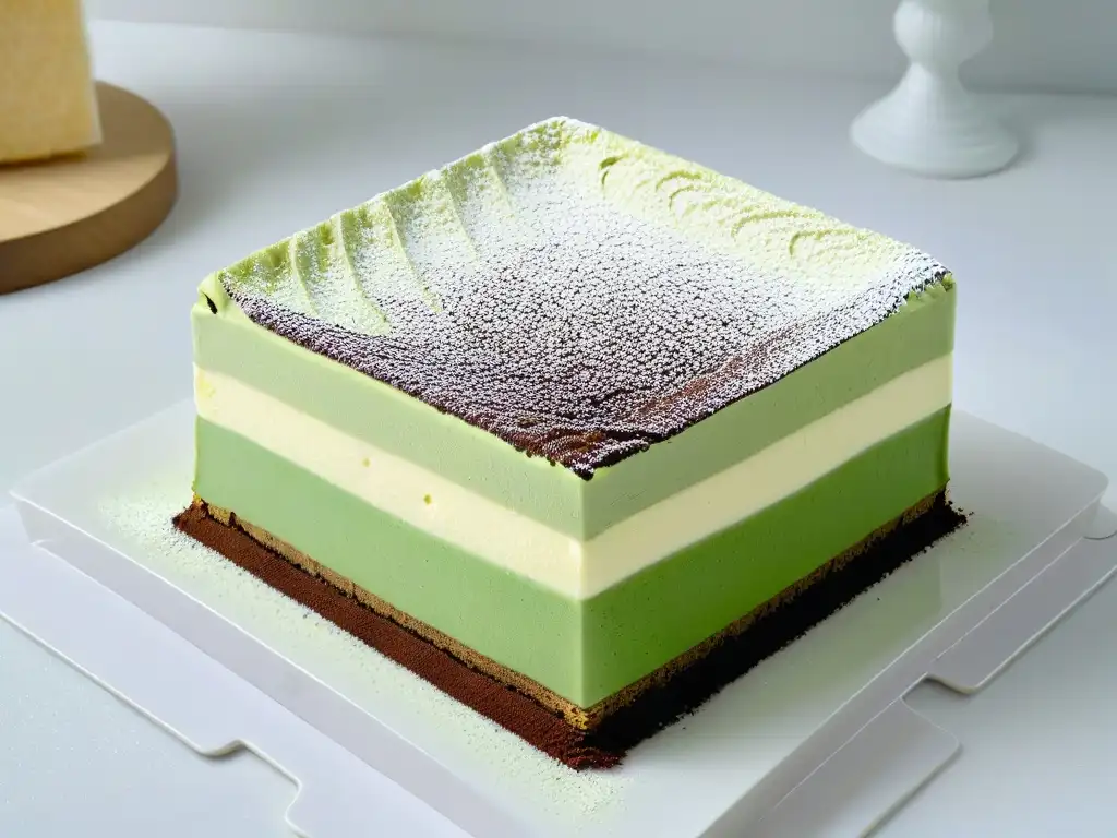 Un exquisito tiramisú de matcha receta gourmet en capas, sobre mármol blanco iluminado