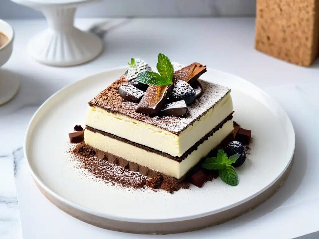 Un exquisito Tiramisú en plato de porcelana blanco, decorado con cacao y hojas de menta fresca, sobre mesa de mármol