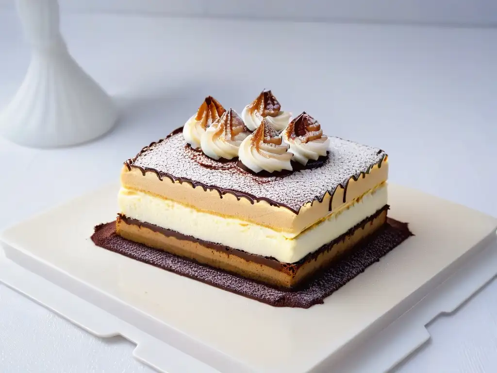 Un exquisito Tiramisú reinventado en la era moderna, con elegante presentación y sabores clásicos