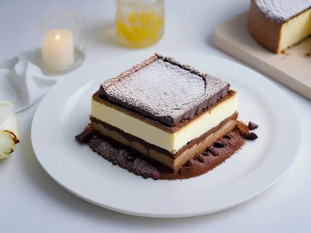 Un exquisito tiramisú saludable y fácil, con capas de mascarpone, bizcochos de café y cacao, en un elegante plato blanco