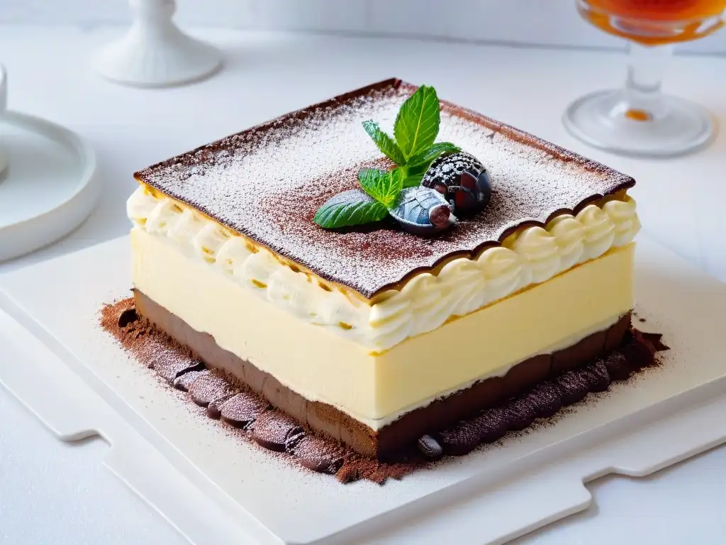 Deléitate con un exquisito tiramisú en vaso elegante, resaltando sus capas de mascarpone, bizcochos de café y cacao, adornado con hoja de menta fresca