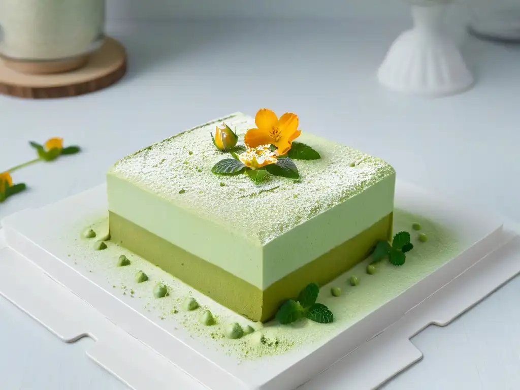 Exquisito tiramisú de té verde matcha, con flores comestibles y menta fresca en un plato blanco elegante