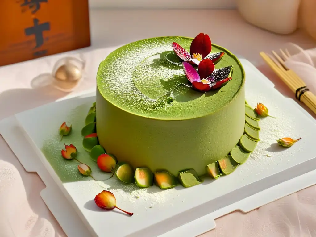 Un exquisito tiramisú de té verde matcha rodeado de pétalos de cerezo, en un plato blanco con detalles dorados