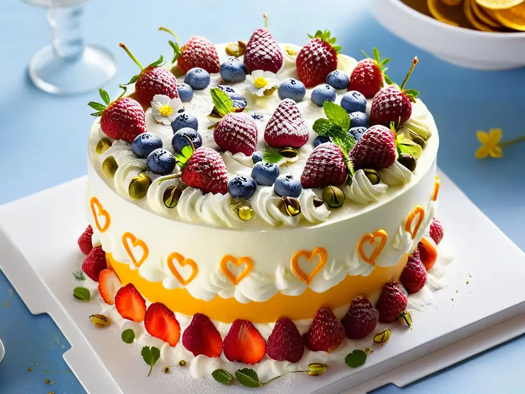 Un exquisito trifle de frutos rojos primavera en un vaso de cristal, decorado con nubes de crema y pistachos