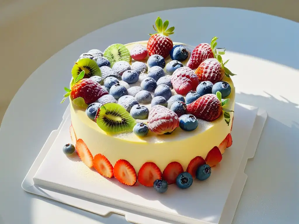 Un exquisito trifle de verano fácil, con frutas vibrantes y capas de crema y bizcocho en un elegante recipiente de vidrio transparente