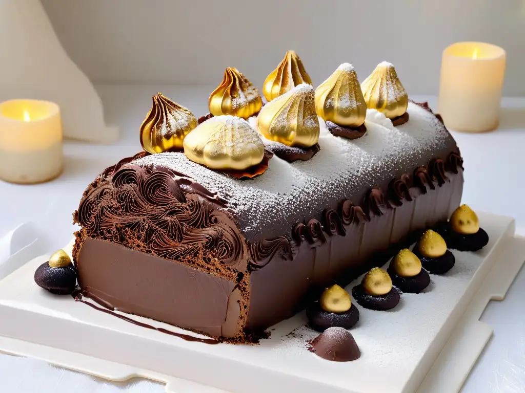 Un exquisito tronco de Navidad francés con decoración de corteza de chocolate, setas de merengue y hojas de oro, sobre plato blanco