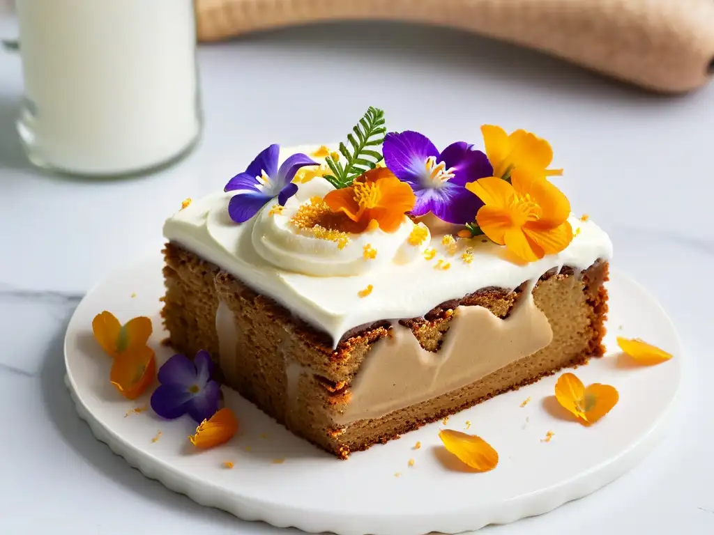 Un exquisito trozo de pastel de zanahoria con jengibre, frosting cremoso y flores comestibles