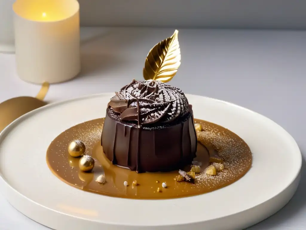 Trufa de chocolate artesanal con lámina de oro en elegante composición Exquisito trufa de chocolate artesanal en elegante plato blanco, decorada con hoja de oro en cocina de lujo
