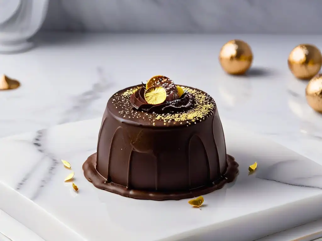 Delicioso trufa de chocolate con ashwagandha y láminas de oro sobre mármol Un exquisito trufa de chocolate con ashwagandha decorada con hojuelas de oro sobre mármol