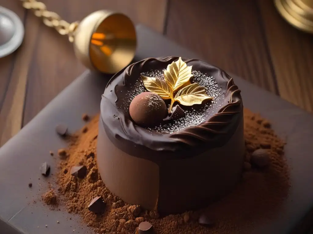 Exquisito trufa de chocolate belga con hojuelas de oro, en lecho de cacao