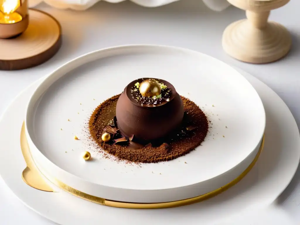 Exquisito trufa de chocolate belga con láminas de oro y cacao en polvo Exquisito trufa de chocolate belga decorada con hoja de oro, en plato blanco moderno