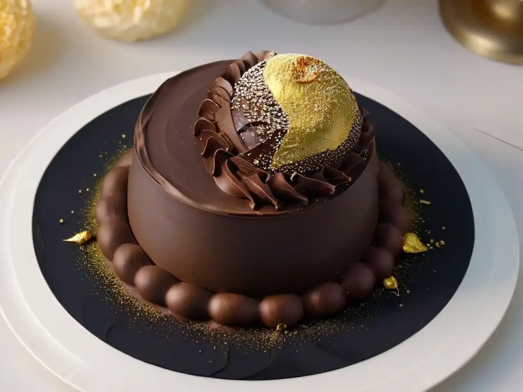 Trufa de chocolate belga con polvo de oro: detalle ultraexquisito Un exquisito trufa de chocolate belga con polvo de oro sobre un elegante plato negro