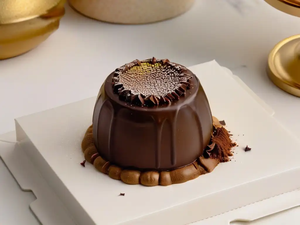 Exquisito trufa de chocolate belga sobre lámina de oro, detalle y arte en repostería