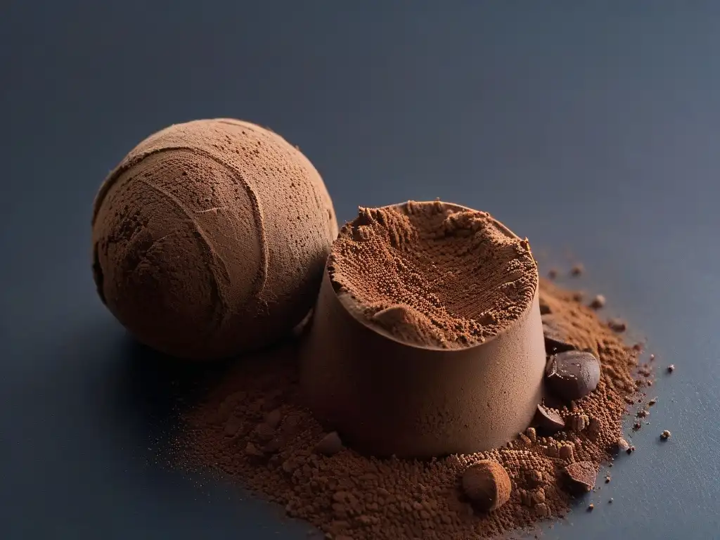 Exquisito trufa de chocolate cubierta de cacao en polvo, detalle artesanal Certificados Comercio Justo repostería