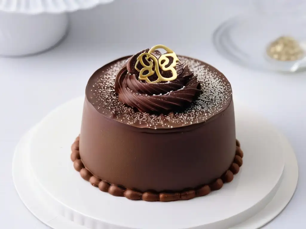 Exquisito trufa de chocolate cubierta de polvo de cacao y láminas de oro, en fondo blanco