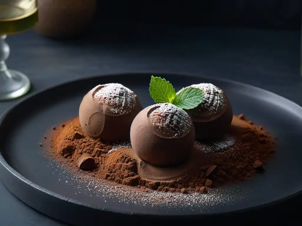 Exquisito trufa de chocolate con ashwagandha Un exquisito trufa de chocolate decorada con ashwagandha y menta sobre plato negro