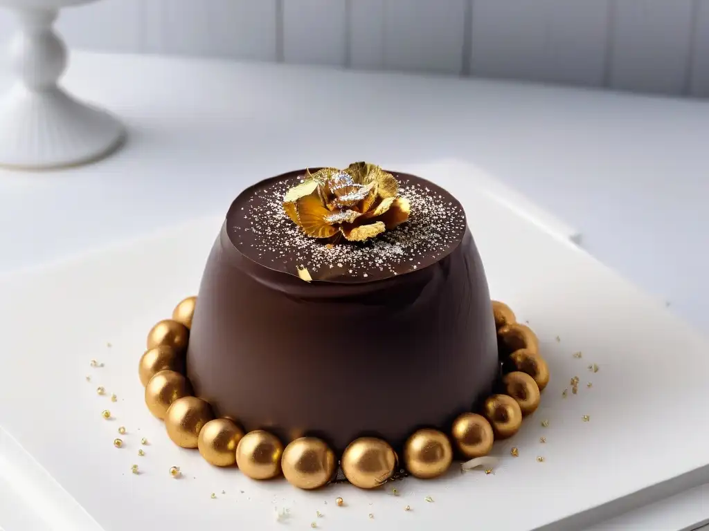 Exquisito trufa de chocolate con delicadas láminas doradas, resaltando texturas y colores