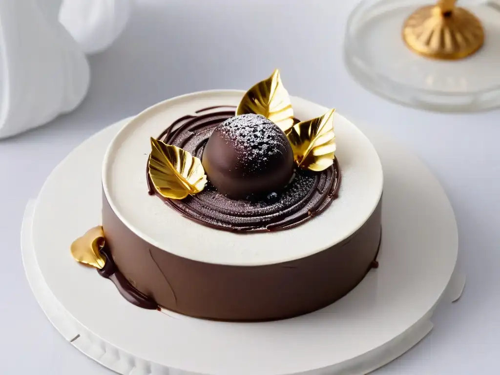 Un exquisito trufa de chocolate con hoja dorada en elegante plato blanco