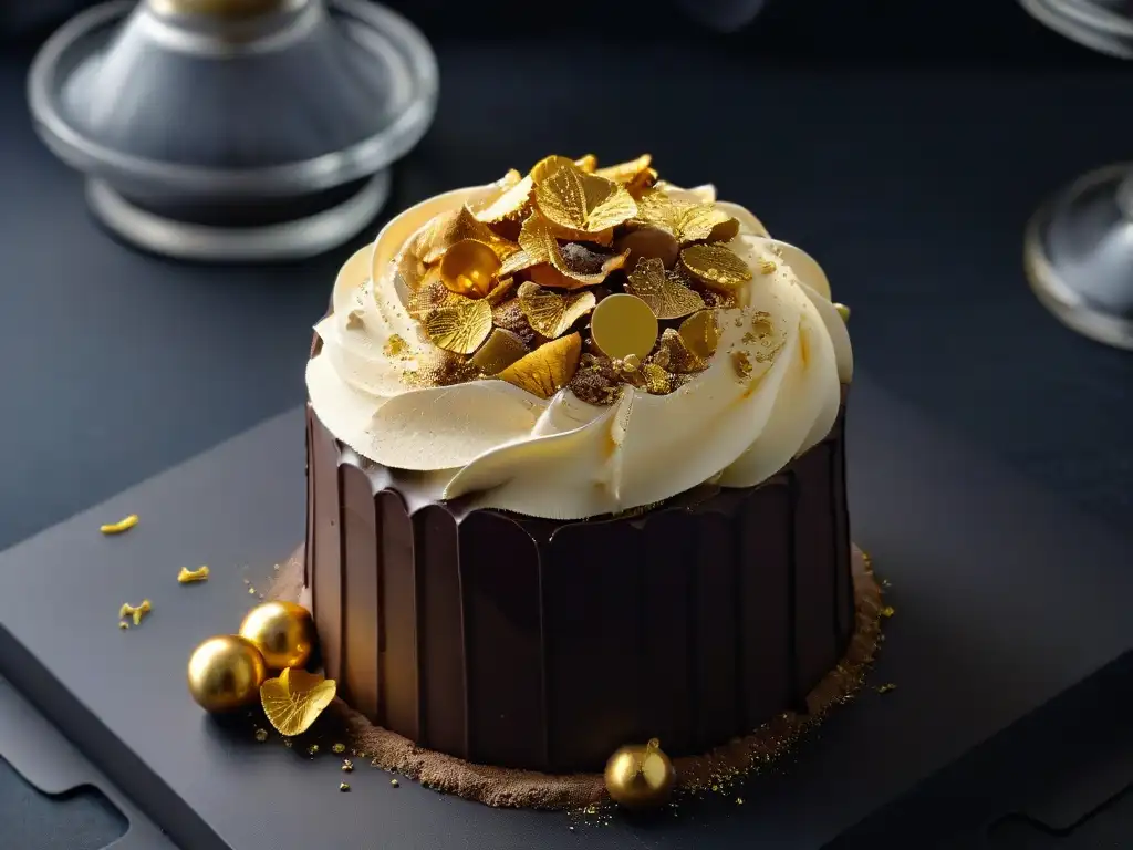 Un exquisito trufa de chocolate con hojuelas de oro, sobre fondo negro mate