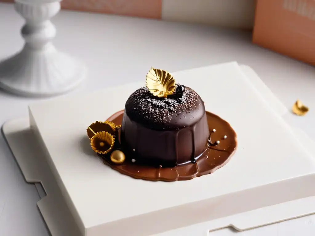 Exquisito trufa de chocolate con hojuelas de oro sobre plato moderno