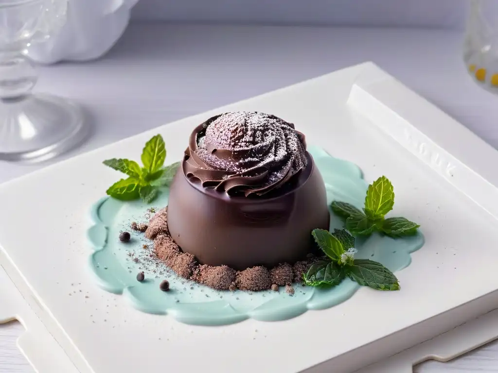 Un exquisito trufa de chocolate infusionado con lavanda y cardamomo sobre porcelana blanca, decorada con menta fresca