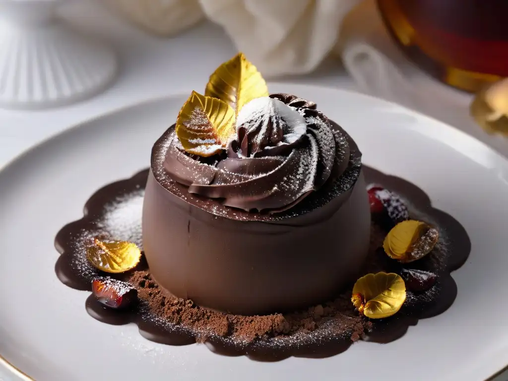 Exquisito trufa de chocolate con licor de cereza y oro comestible, en plato negro mate