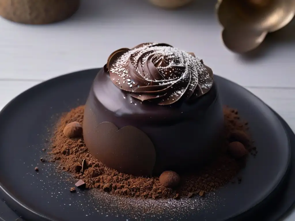 Un exquisito trufa de chocolate negro con cacao en polvo, sobre un elegante plato negro