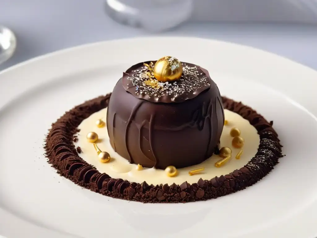 Exquisito trufa de chocolate negro con copos de oro comestibles en un plato blanco moderno