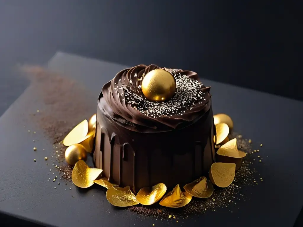 Un exquisito trufa de chocolate negro decorada con láminas de oro, sobre fondo negro mate