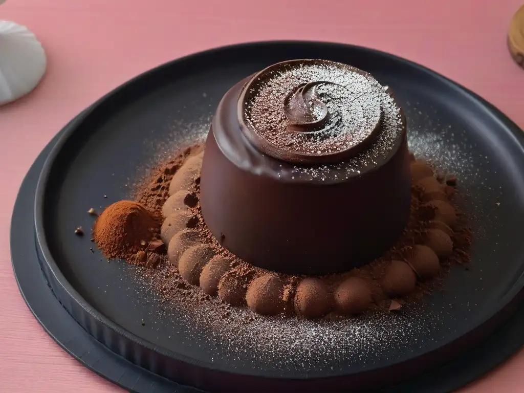 Exquisito trufa de chocolate negro con cacao puro, en plato negro mate