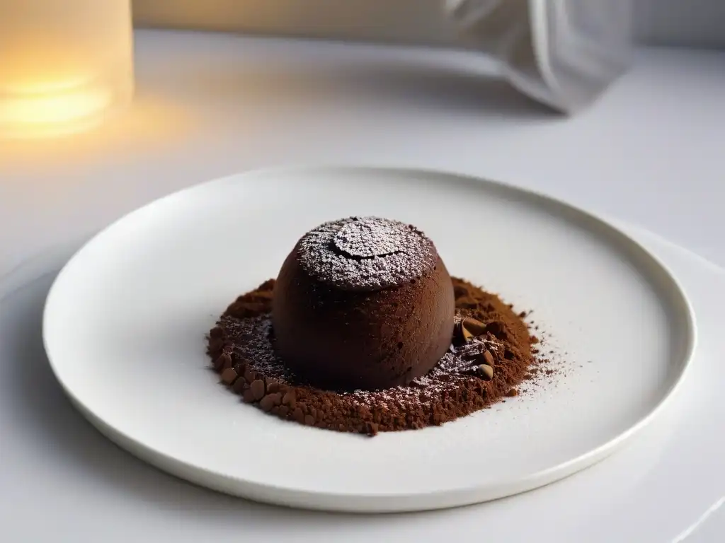 Un exquisito trufa de chocolate oscuro, espolvoreada con cacao amargo, sobre un elegante plato blanco