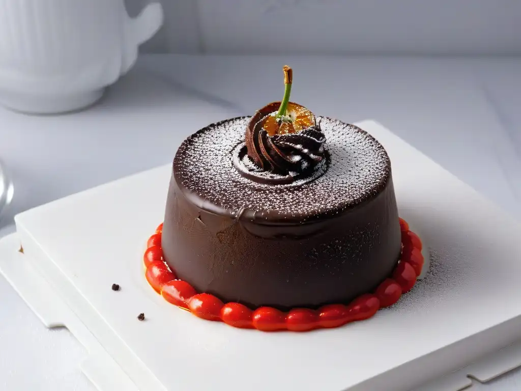 Un exquisito trufa de chocolate picante en un elegante plato blanco, resaltando la mezcla de sabores dulces y picantes