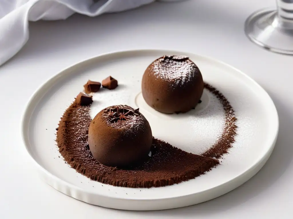 Un exquisito trufa de chocolate sobre plato moderno, con cacao brillante