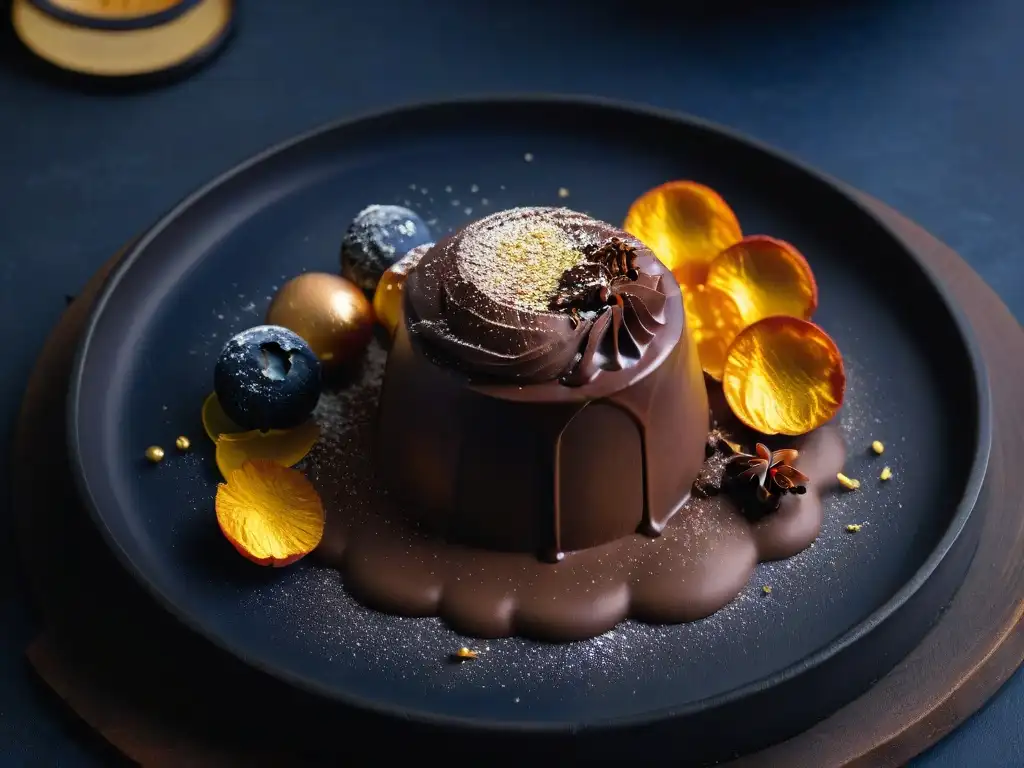 Un exquisito trufa de chocolate en un plato negro, con destellos de oro