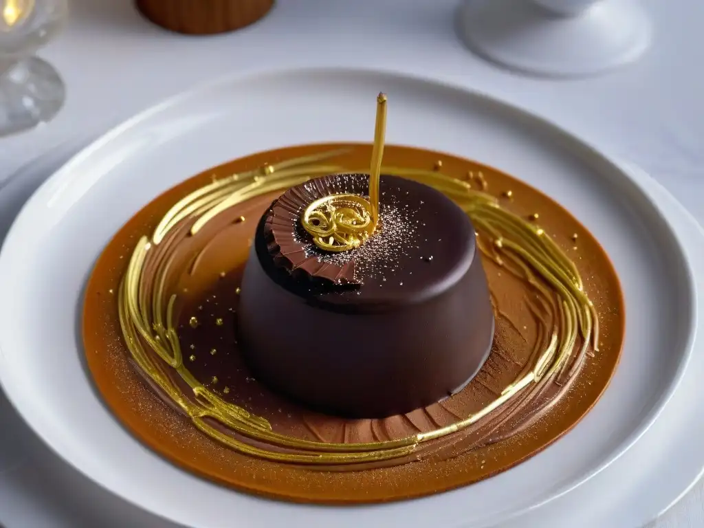 Exquisito trufa de chocolate con polvo de oro sobre elegante plato negro