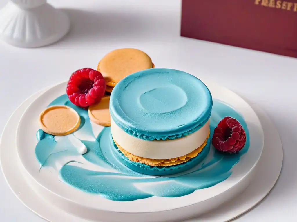 Un exquisito macaron turquesa en un plato blanco con diseño minimalista y elegante