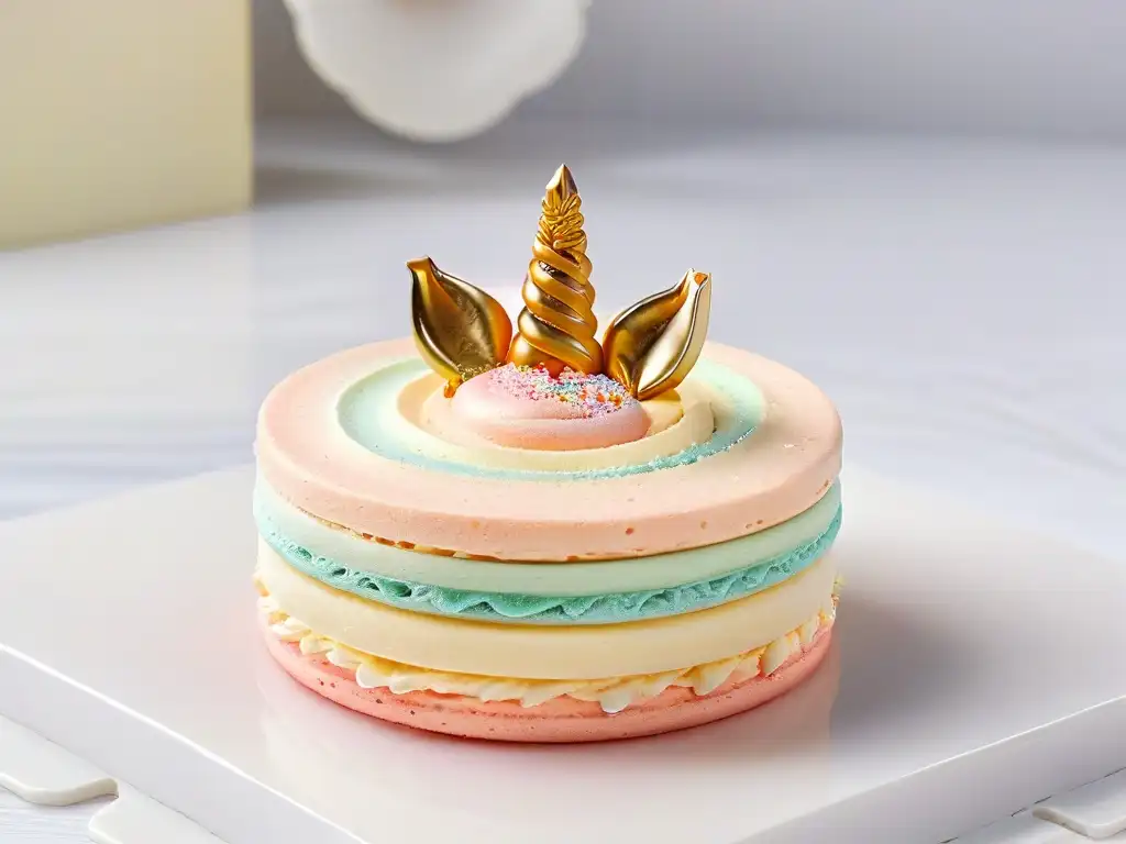 Un exquisito macaron unicornio de colores pastel en mármol blanco