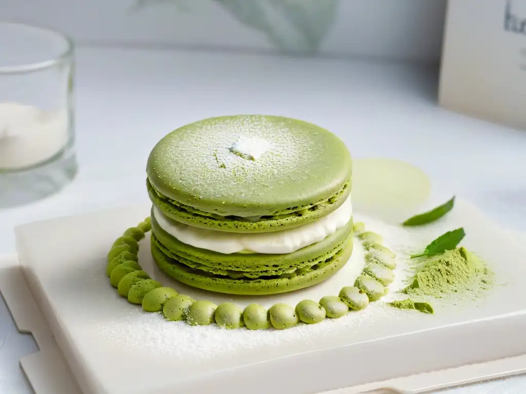 Un exquisito macaron de té verde reposa sobre una encimera de mármol