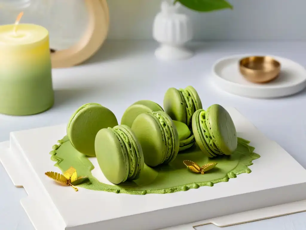 Un exquisito macaron de té verde matcha con hoja de oro, en un entorno japonés