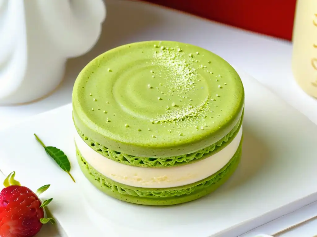 Un exquisito macaron de té verde matcha en un plato blanco, decorado con polvo de matcha y una hoja de té verde