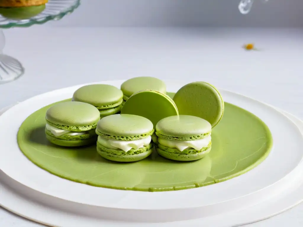 Un exquisito macaron de té verde matcha en un plato moderno y elegante