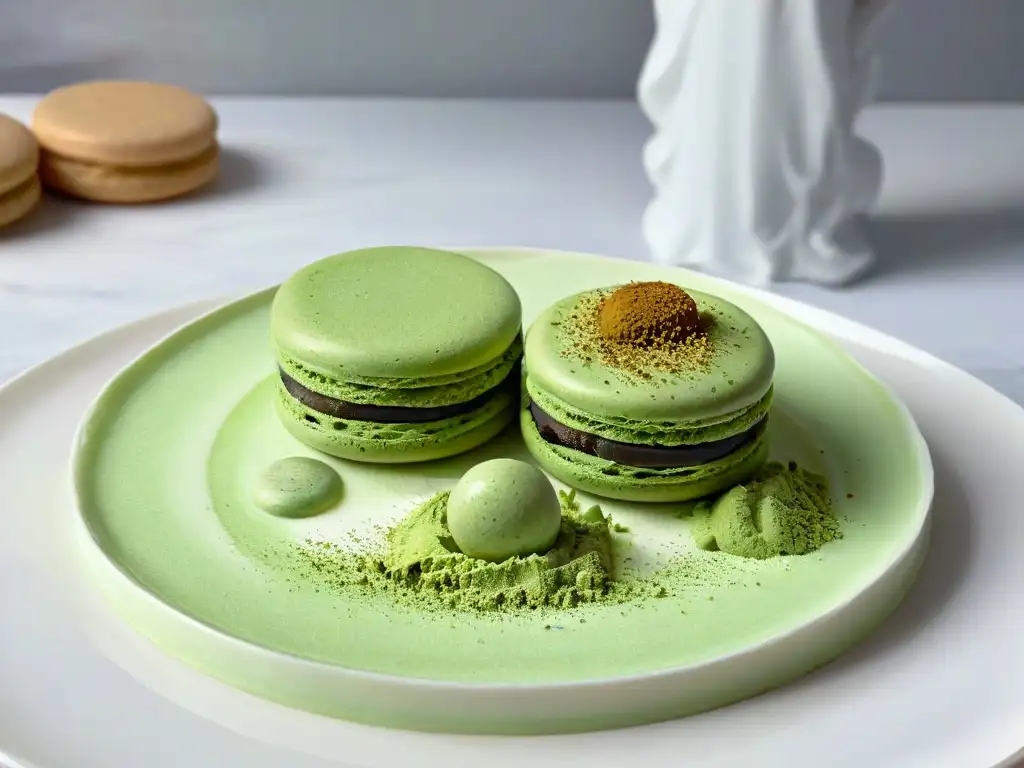 Exquisito macaron de té verde sobre porcelana blanca en elegante encimera de mármol