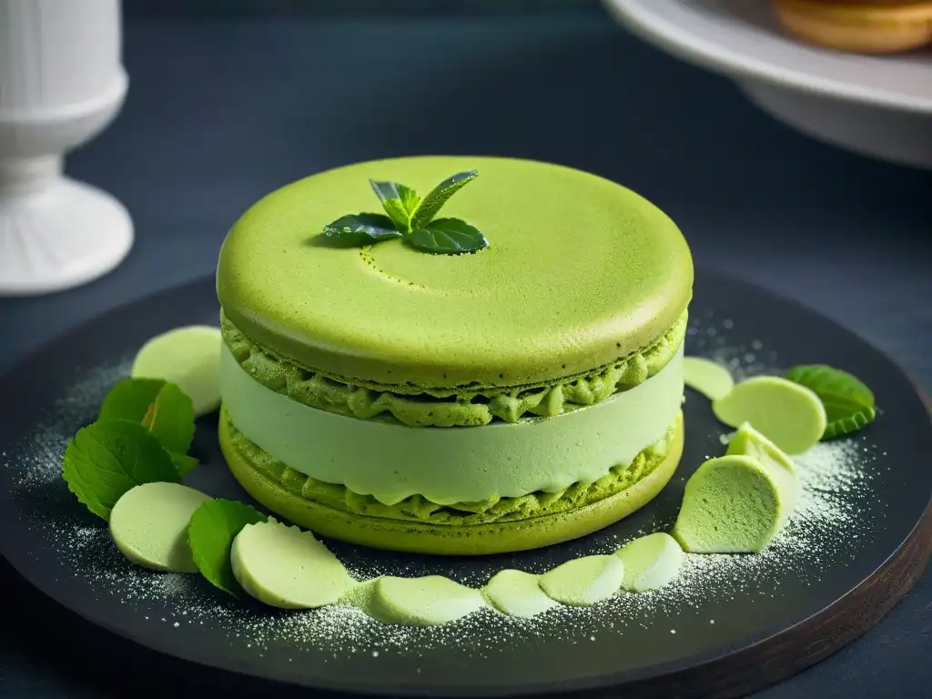Exquisito macaron de té verde con textura y color vibrantes