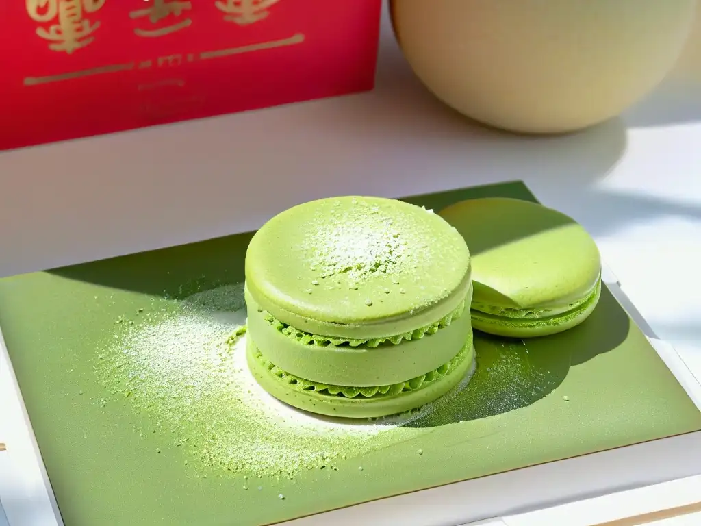 Un exquisito macaron de té matcha, con un verde vibrante y polvo de azúcar, reflejando la precisión de la repostería asiática