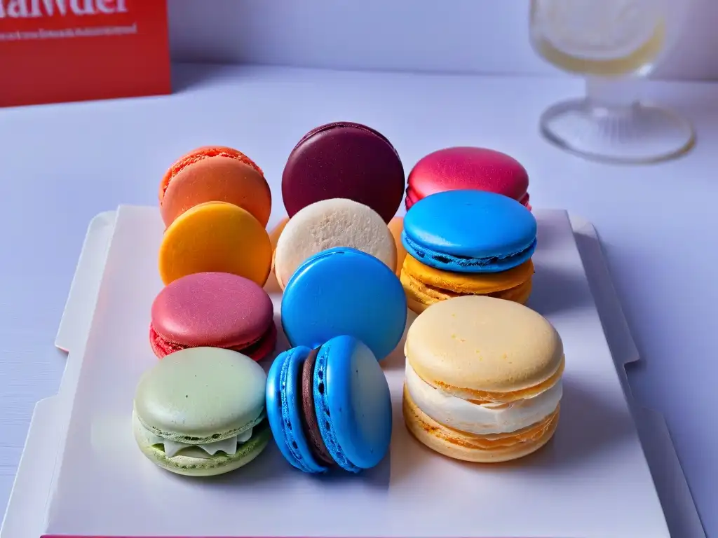 Un exquisito y vibrante surtido de macarons en un degradado de colores, resaltando el impacto de los colores en la experiencia de comer postres