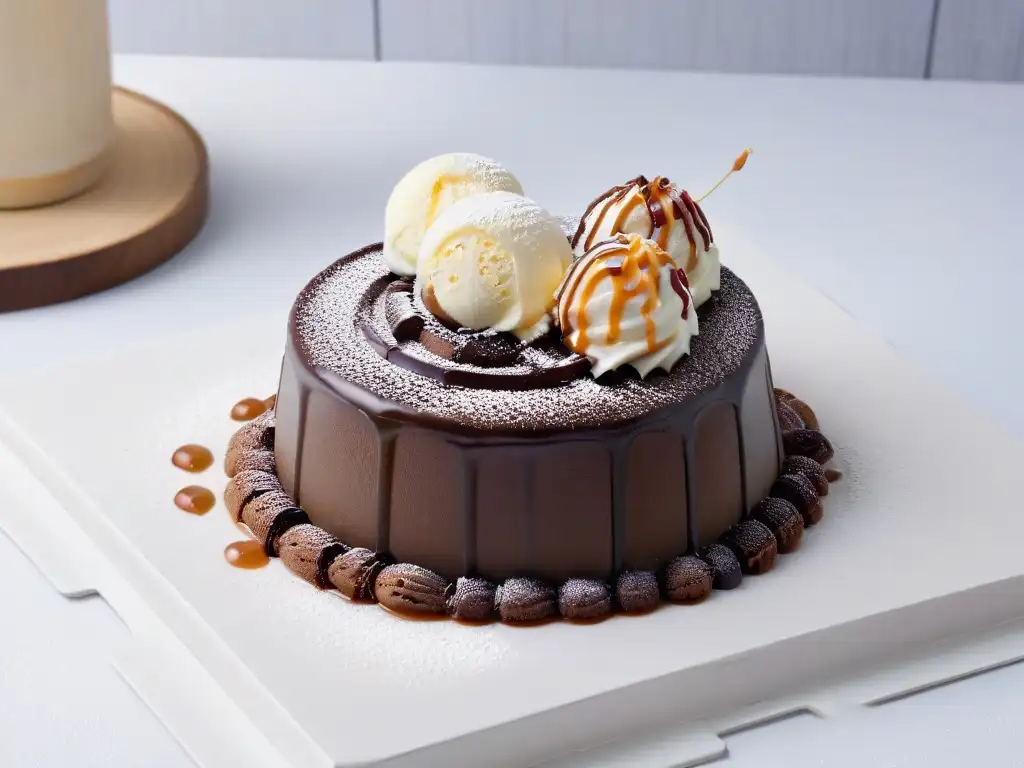 Un exquisito volcán de chocolate con helado de vainilla, caramelo y azúcar glas