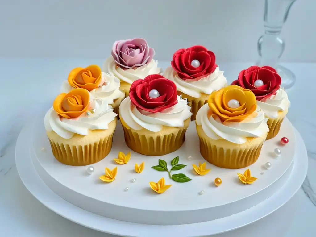 Exquisitos cupcakes decorados con detalle en plato de mármol blanco