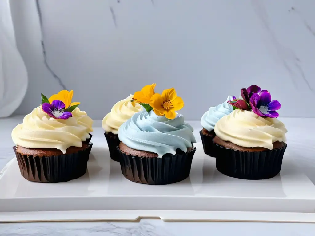 Exquisitos cupcakes veganos con cobertura perfecta y flores comestibles en elegante presentación